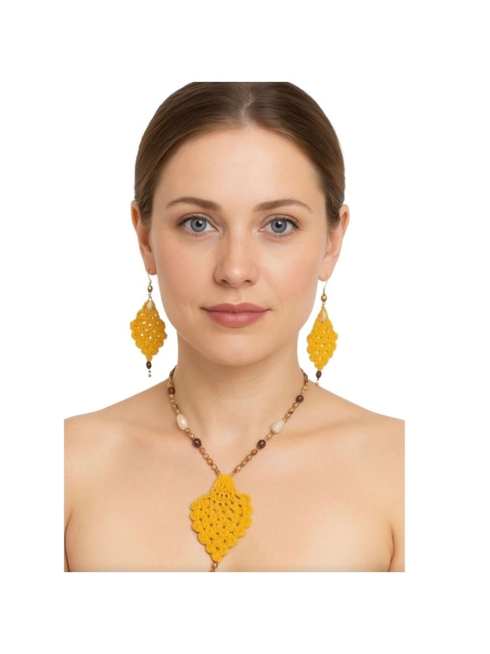 Hand Crafted Boho Pineapple Crochet Earrings Knit Necklace Set Summer Accessory